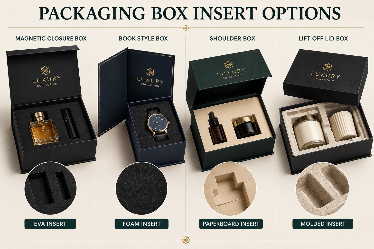 EVA foam paperboard and molded inserts for custom packaging boxes