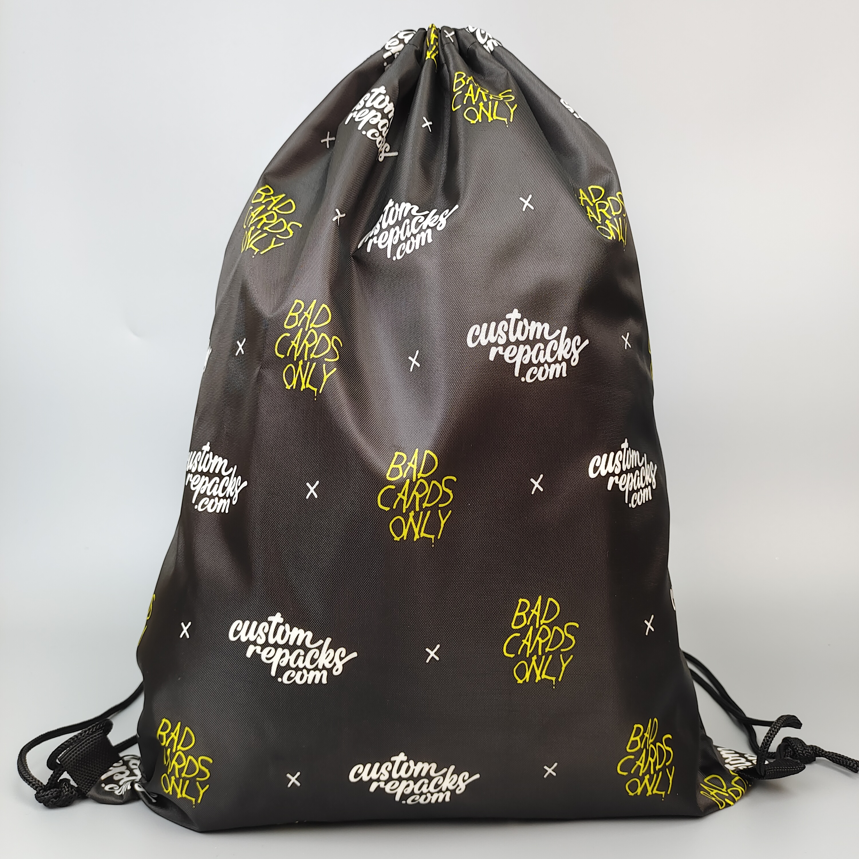black polyester drawstring backpack with repeated all-over logo pattern - view 2