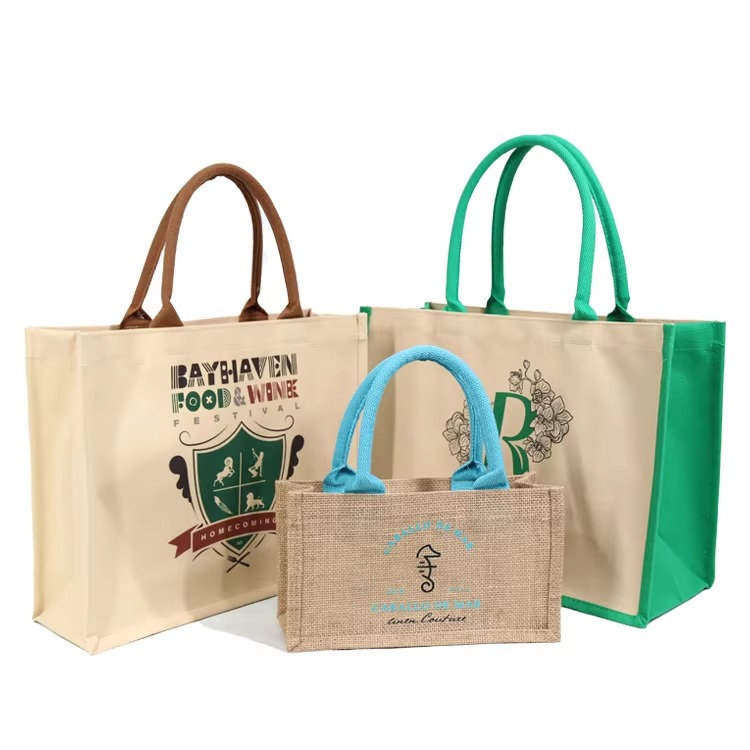 assorted logo jute tote bag collection product example - view 2