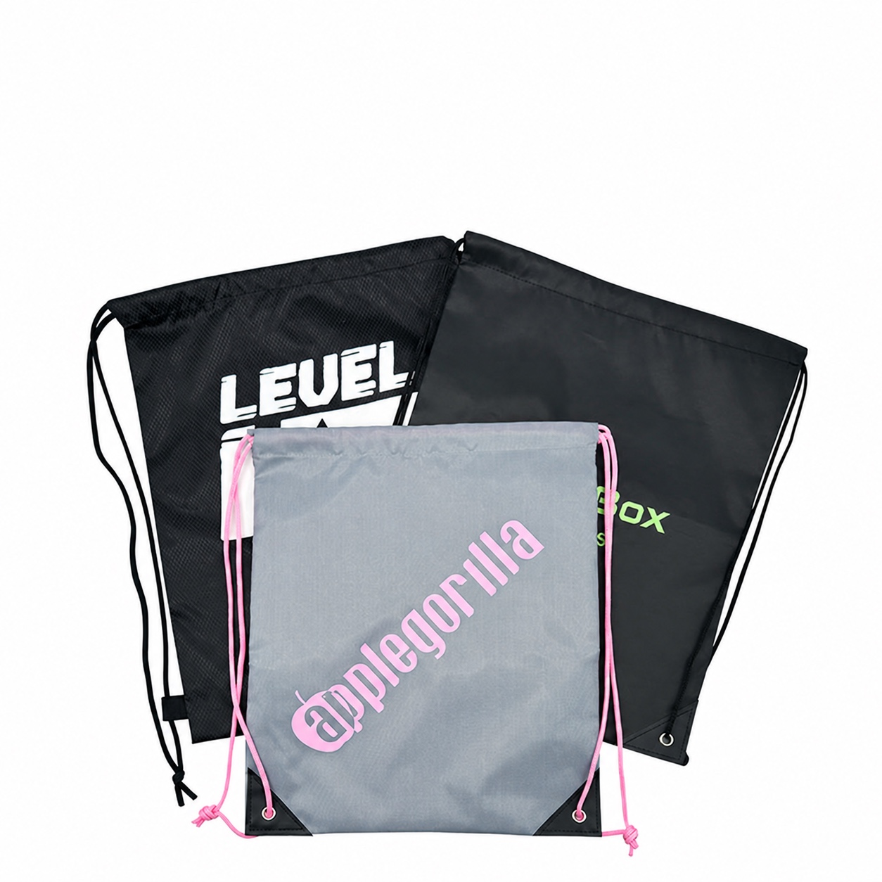 assorted promotional polyester drawstring bags with printed logos
