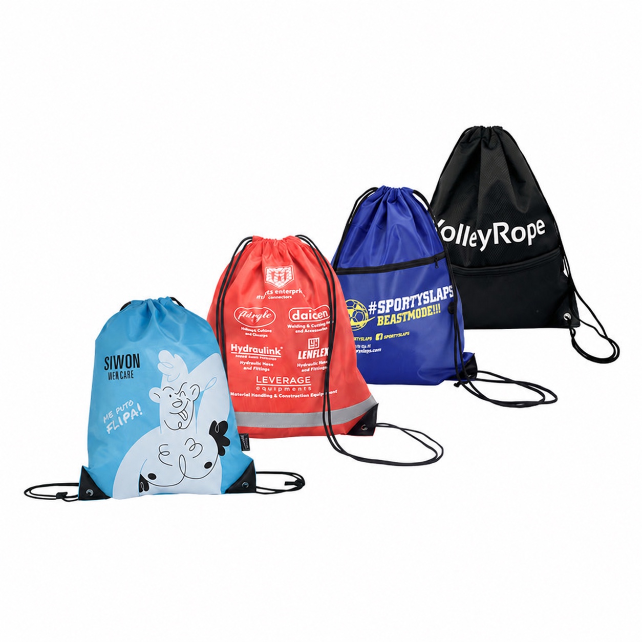 assorted printed sports polyester drawstring bags with pockets