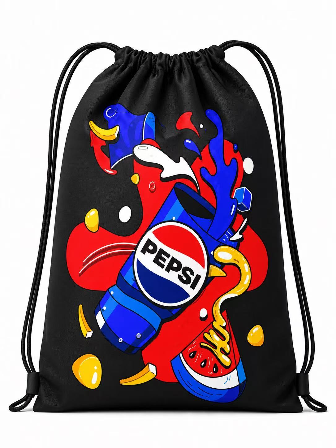 black full color promotional polyester drawstring backpack with beverage graphics
