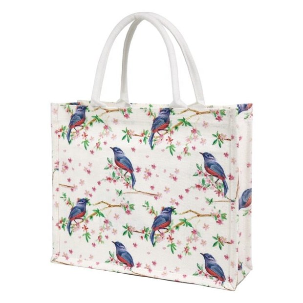 bird and floral full-print jute tote product example