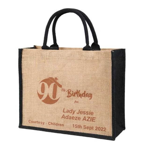 birthday print jute tote with black trim product example