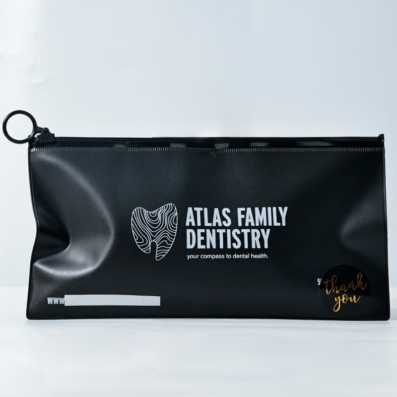 black frosted PVC zipper pouch with circular ring pull and printed branding - view 1