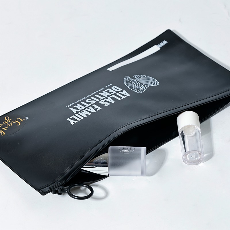 black frosted PVC zipper pouch with circular ring pull and printed branding - view 2