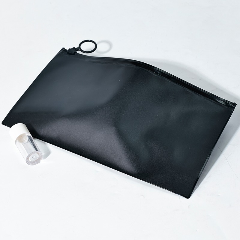 black frosted PVC zipper pouch with circular ring pull and printed branding - view 3