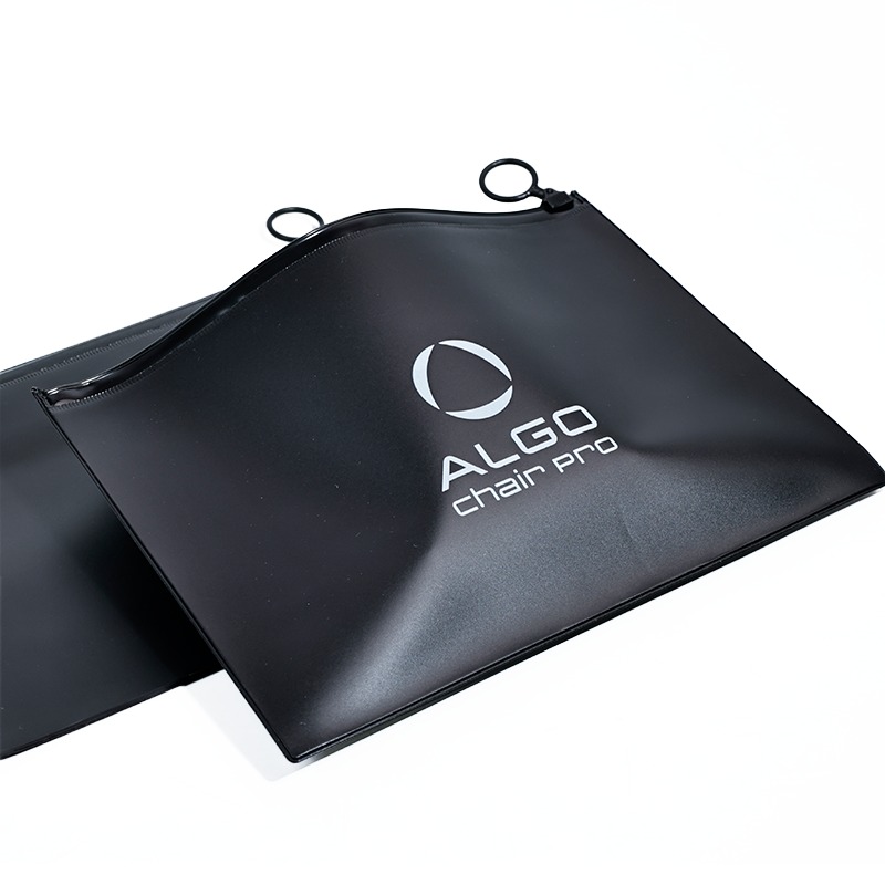 black frosted PVC zipper pouch with circular ring pull and printed branding - view 4