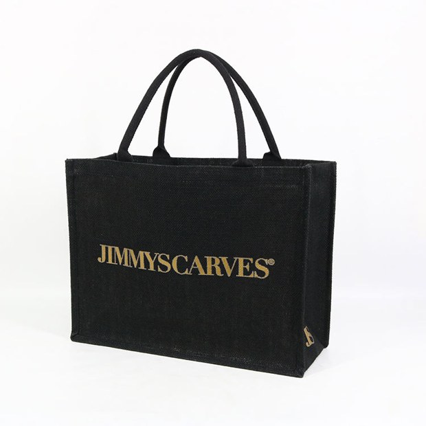 black jute tote with gold printing product example