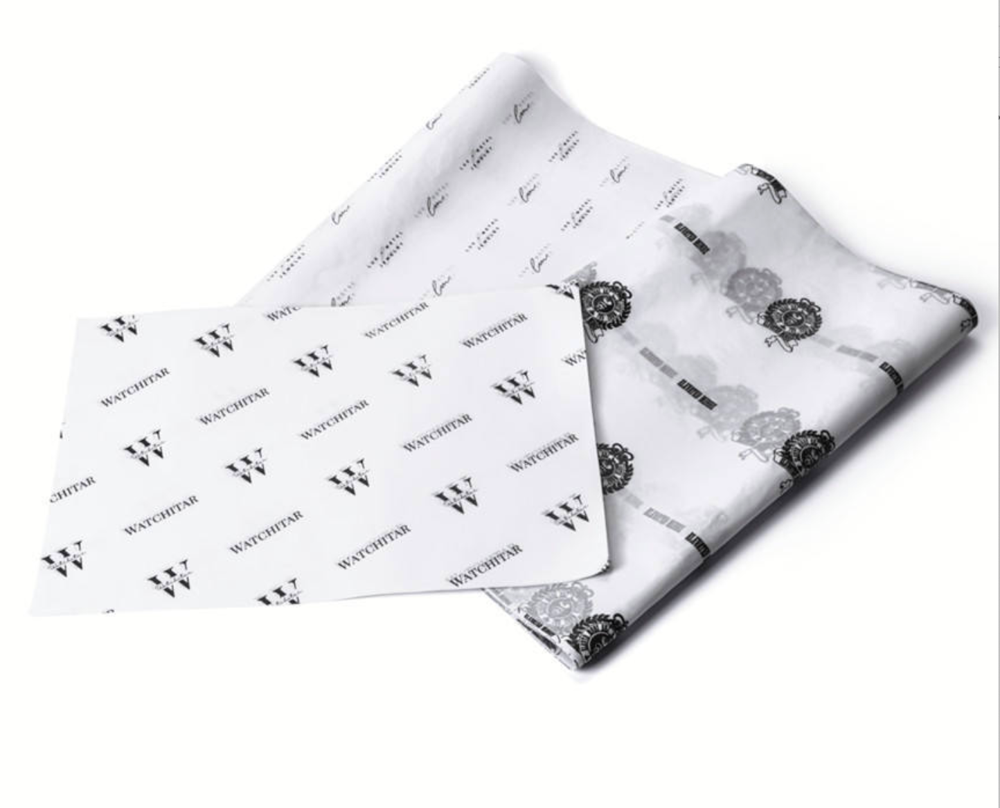 white tissue paper with repeating black custom logo print