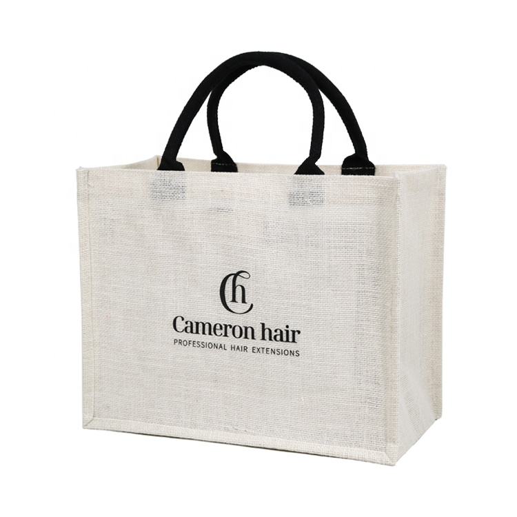 black printed jute tote bag product example - view 2