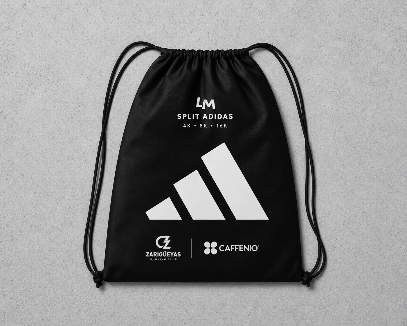 black custom race polyester drawstring backpack with white sponsor logos - view 1