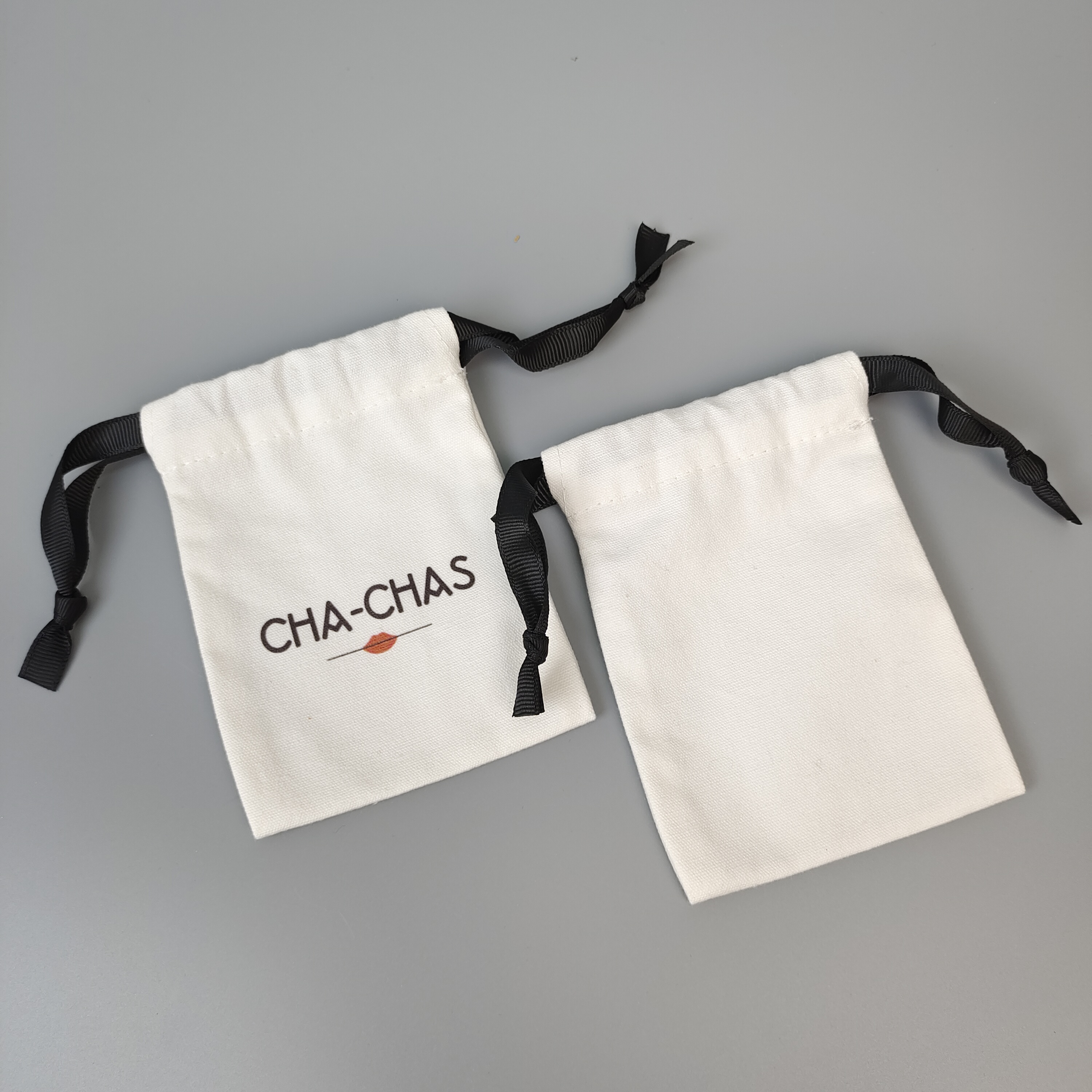 natural cotton drawstring bag with wide black ribbon - view 2