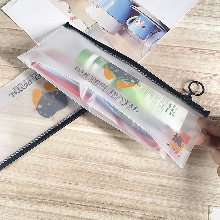 frosted dental kit PVC pouch with black zipper and ring pull - view 3
