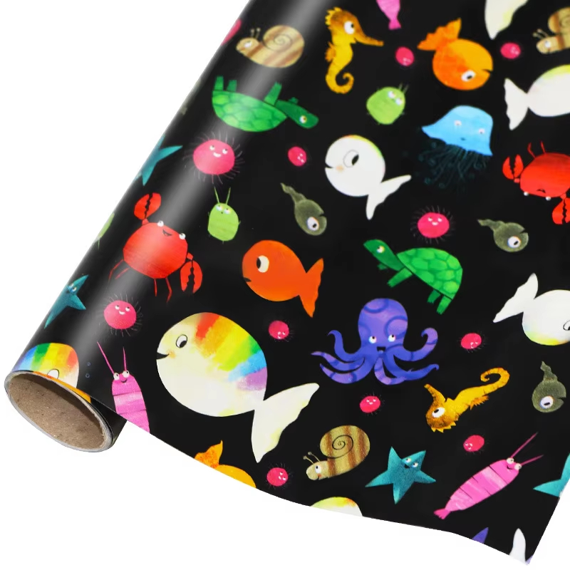black wrapping paper with colorful illustrated sea animals