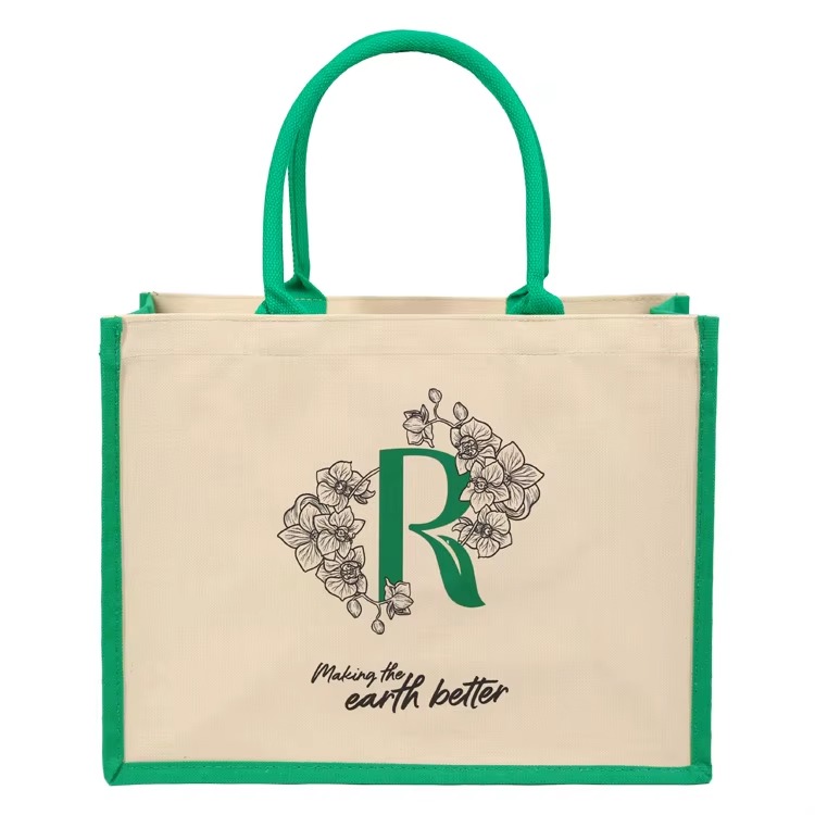 script logo jute tote with black trim product example - view 2