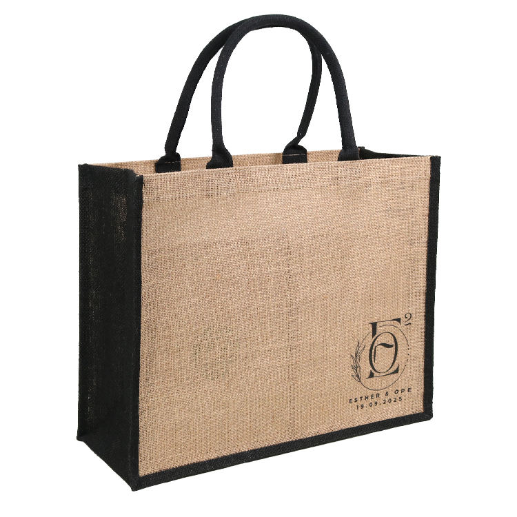 script logo jute tote with black trim product example - view 3