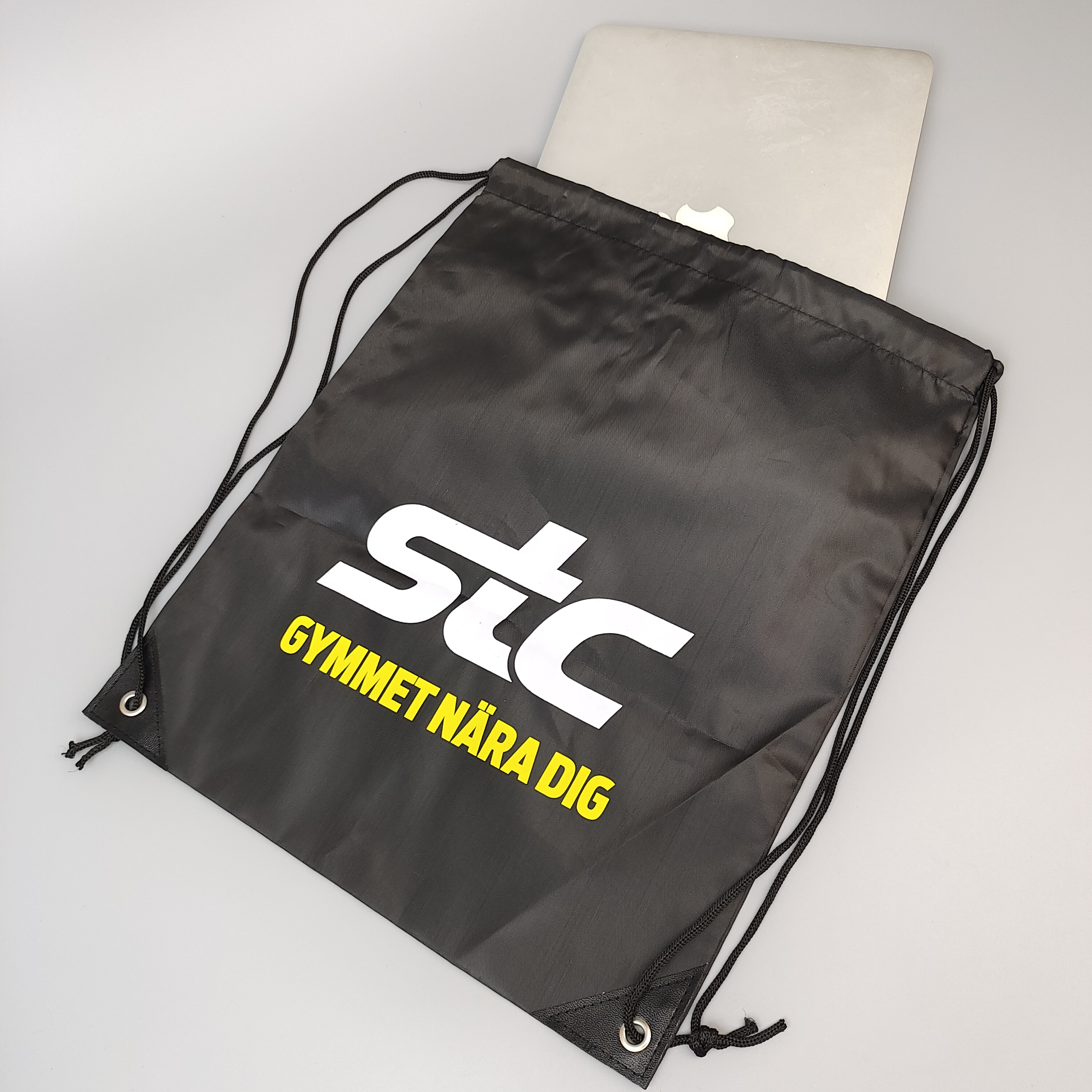 black polyester drawstring backpack with large white printed logo - view 5
