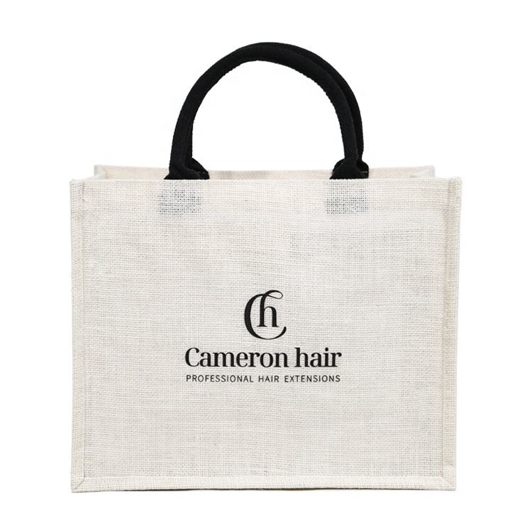 small jute tote with blue handles product example - view 3