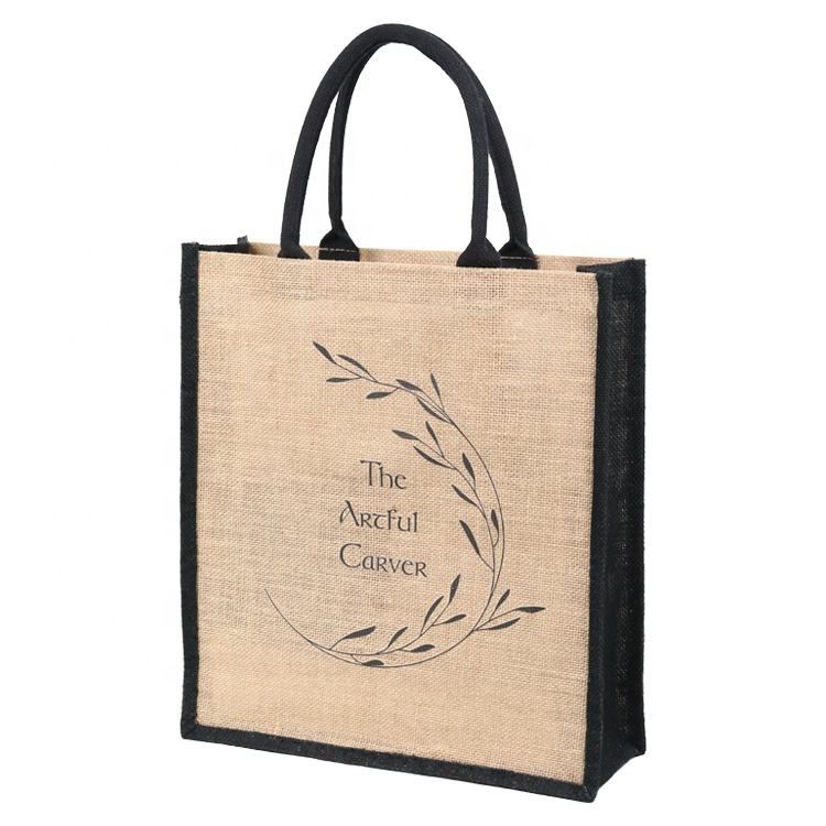 small jute tote with blue handles product example - view 4