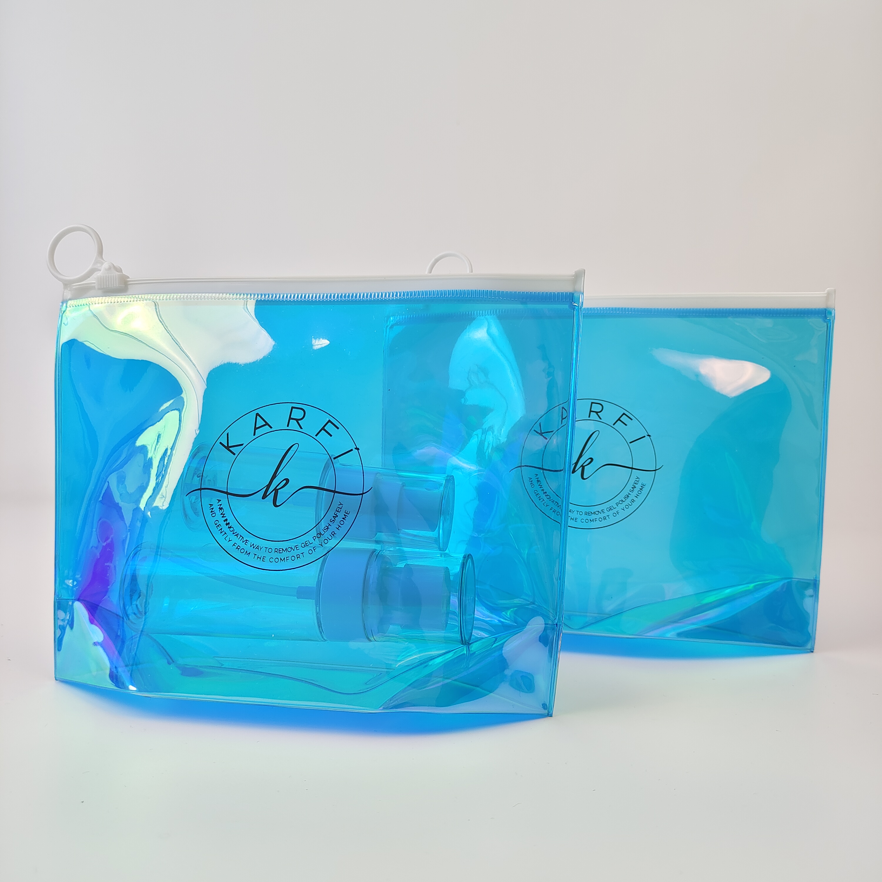 blue holographic PVC zipper pouch with bottom gusset - view 2