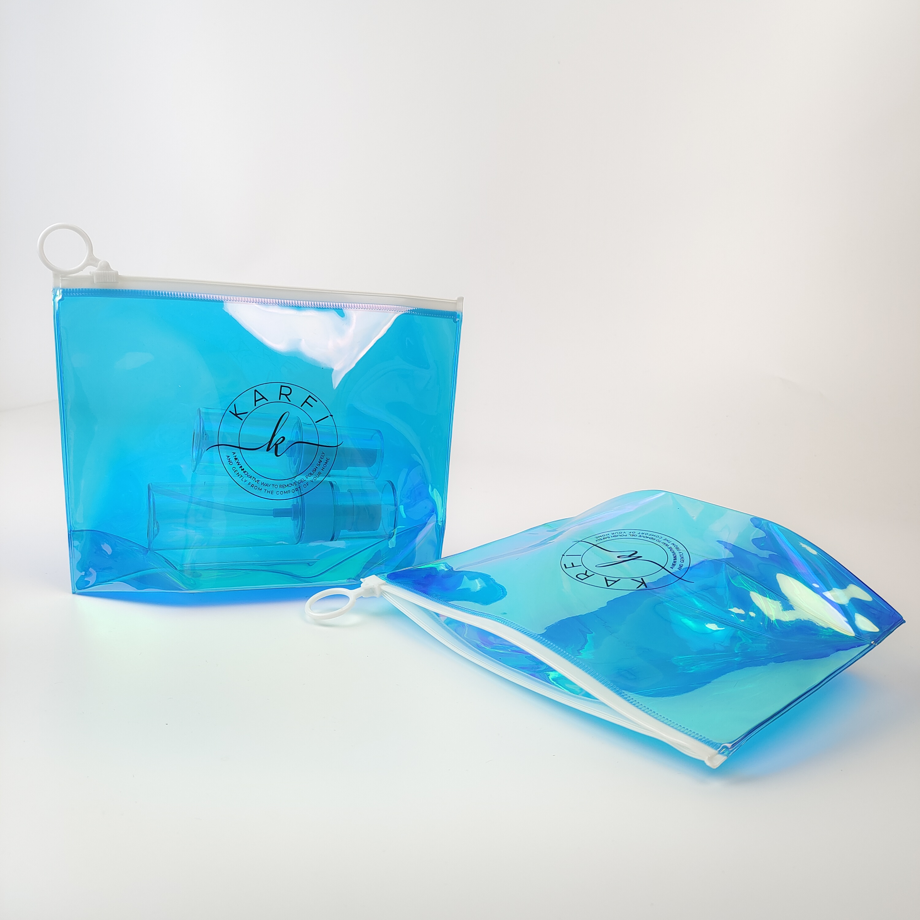 blue holographic PVC zipper pouch with bottom gusset - view 3