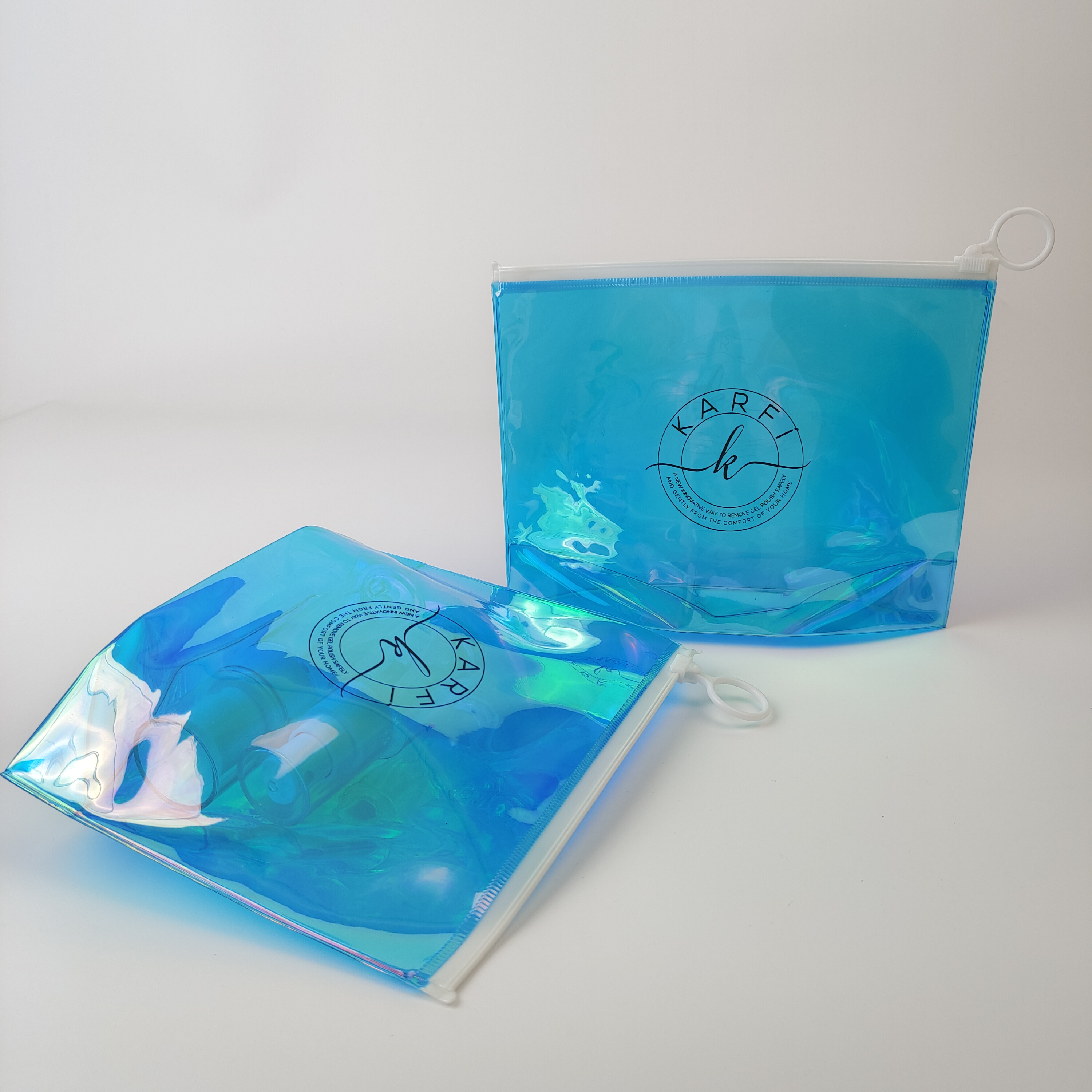 blue holographic PVC zipper pouch with bottom gusset - view 4