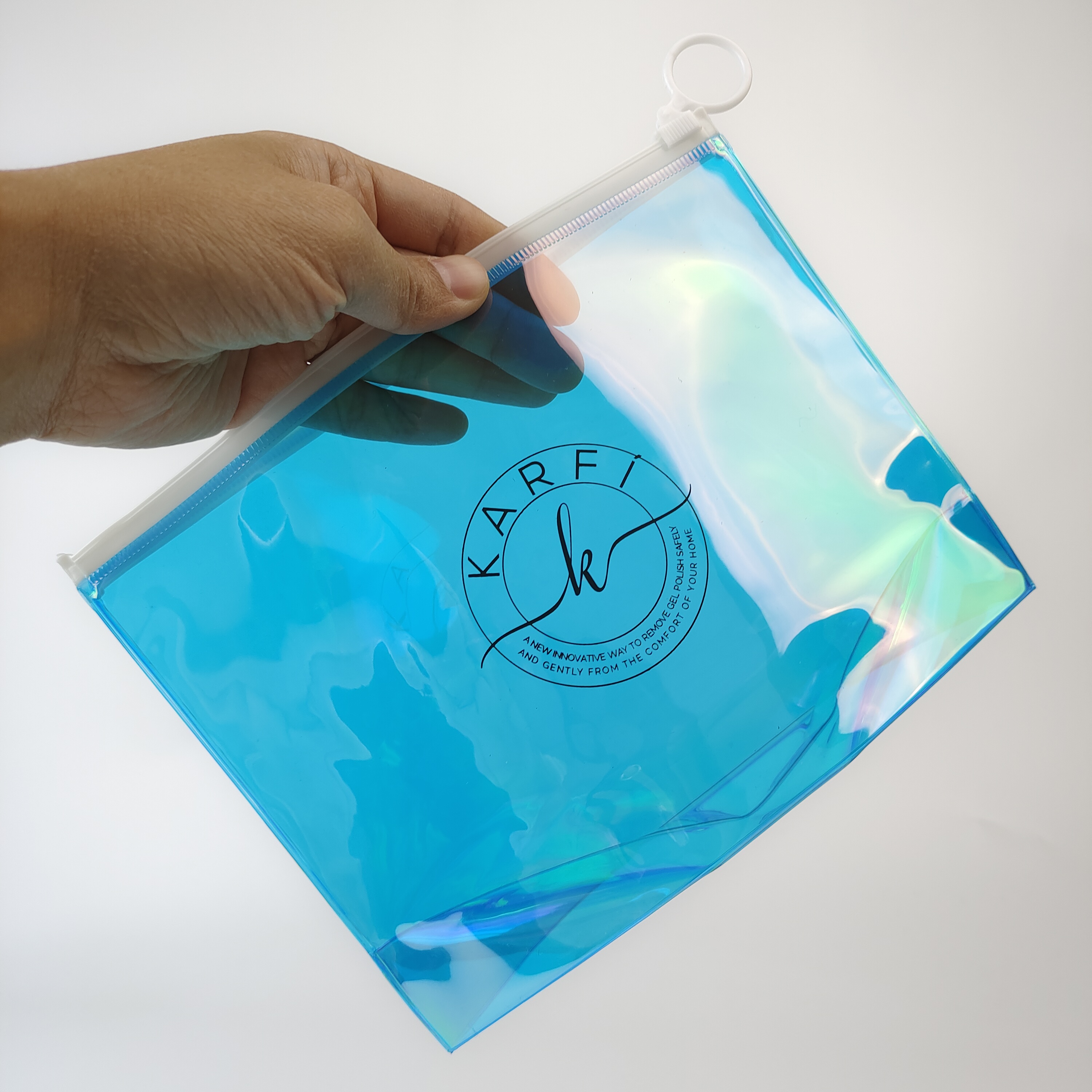 blue holographic PVC zipper pouch with bottom gusset - view 6