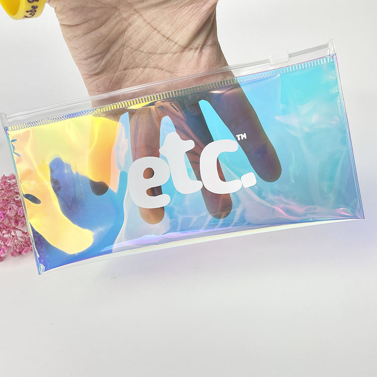 blue holographic PVC cosmetic pouch with white slider and printed logo - view 2