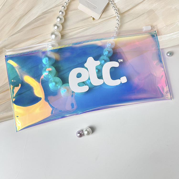 blue holographic PVC cosmetic pouch with white slider and printed logo - view 3