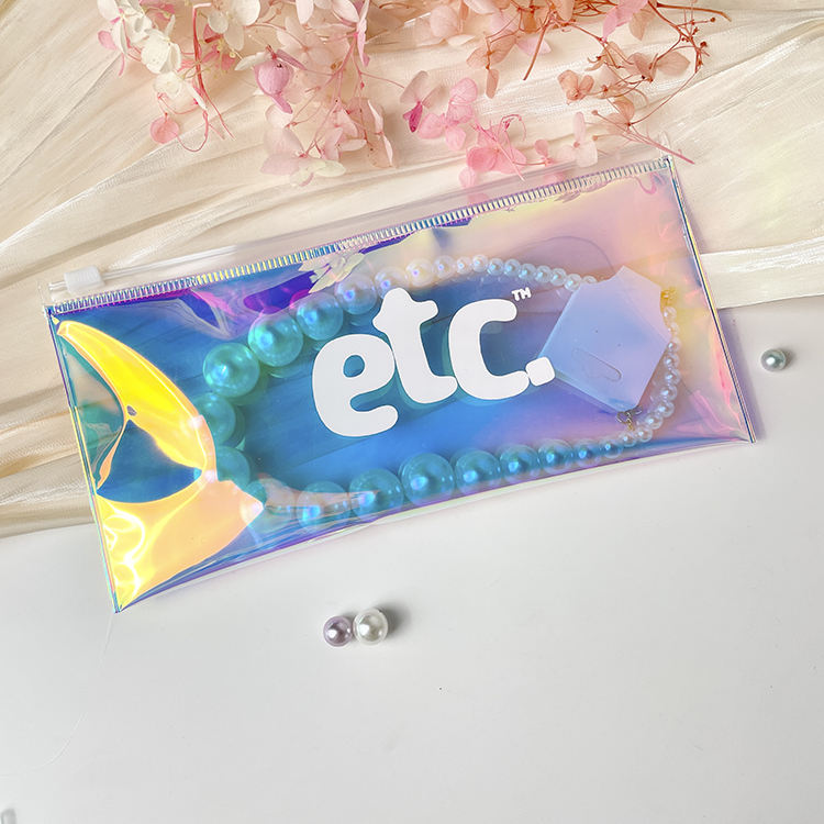 blue holographic PVC cosmetic pouch with white slider and printed logo - view 4