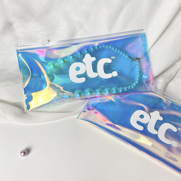 blue holographic PVC cosmetic pouch with white slider and printed logo - view 5