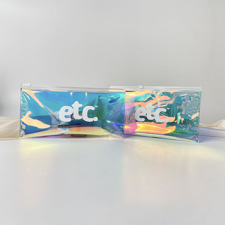 blue holographic PVC cosmetic pouch with white slider and printed logo - view 6