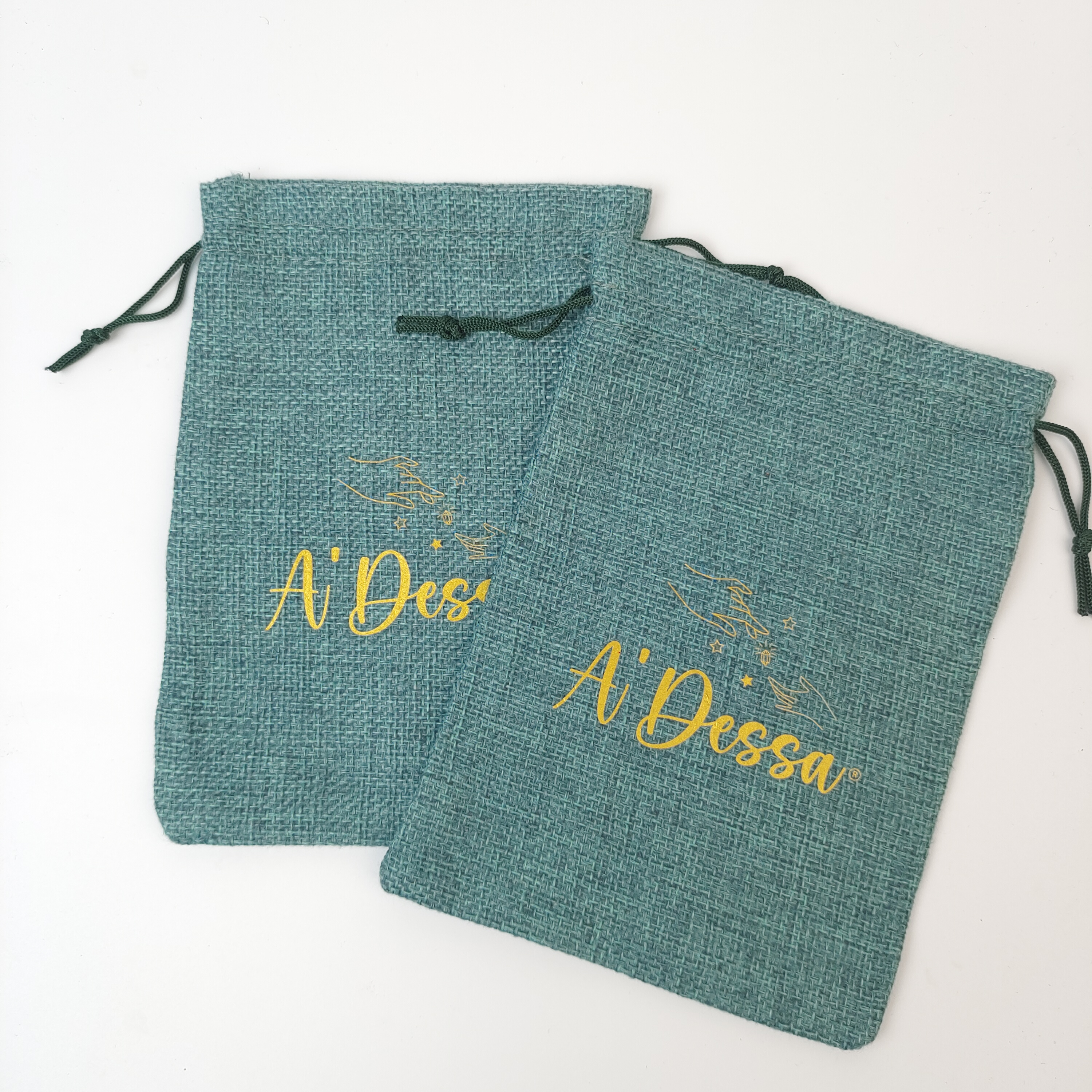 blue woven jute drawstring pouch with gold printed logo