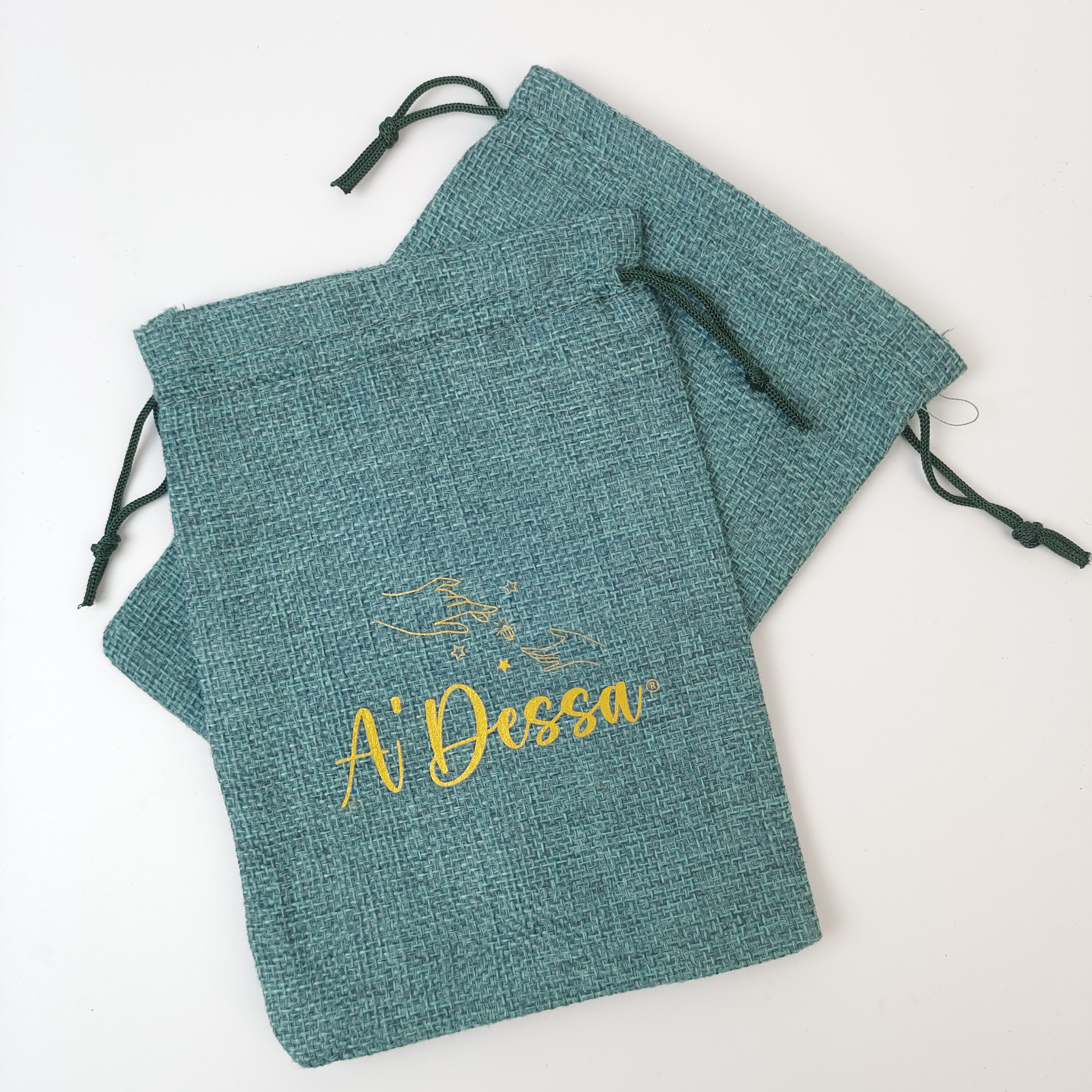 blue woven jute drawstring pouch with gold printed logo - view 2