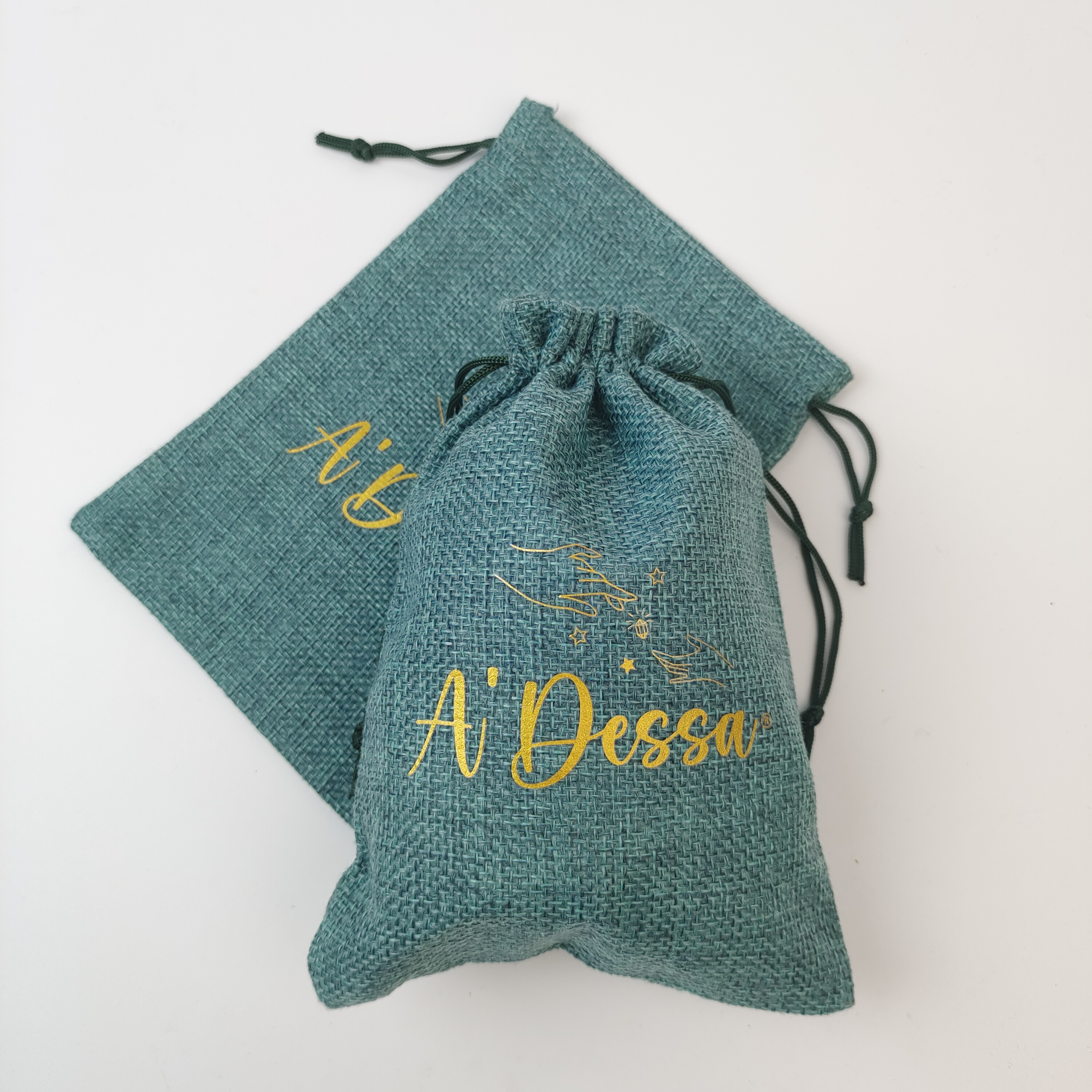 blue woven jute drawstring pouch with gold printed logo - view 3