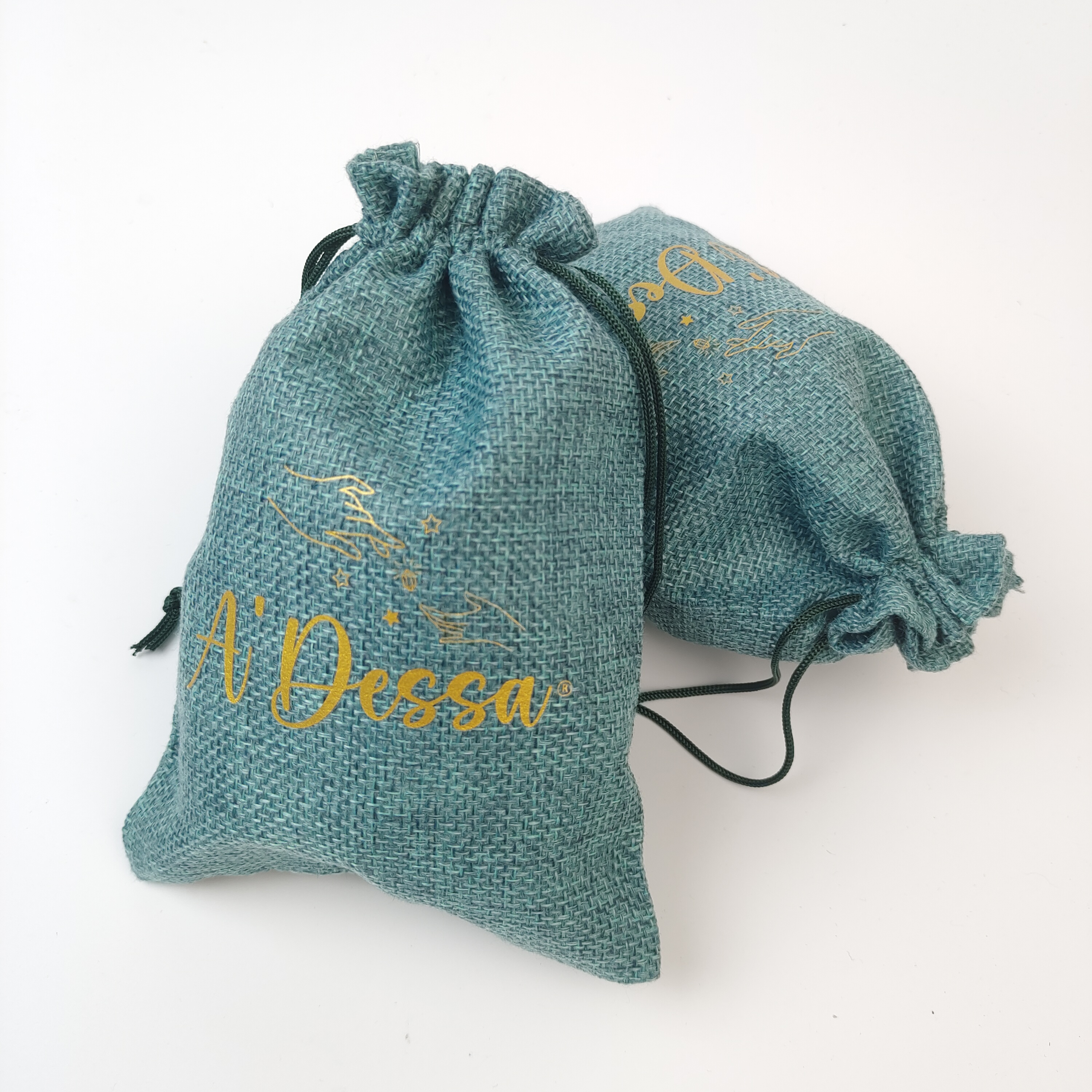 blue woven jute drawstring pouch with gold printed logo - view 4