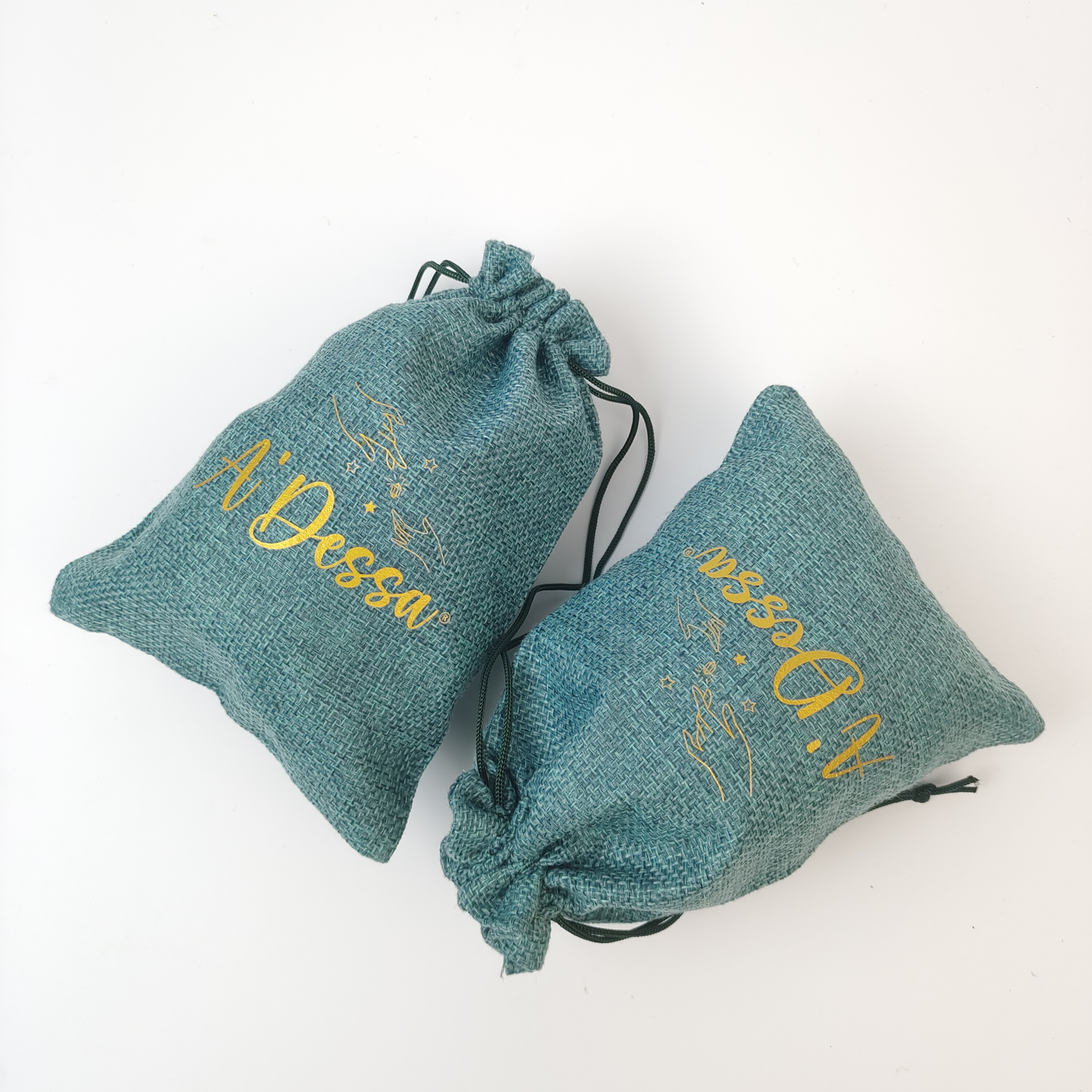 blue woven jute drawstring pouch with gold printed logo - view 5