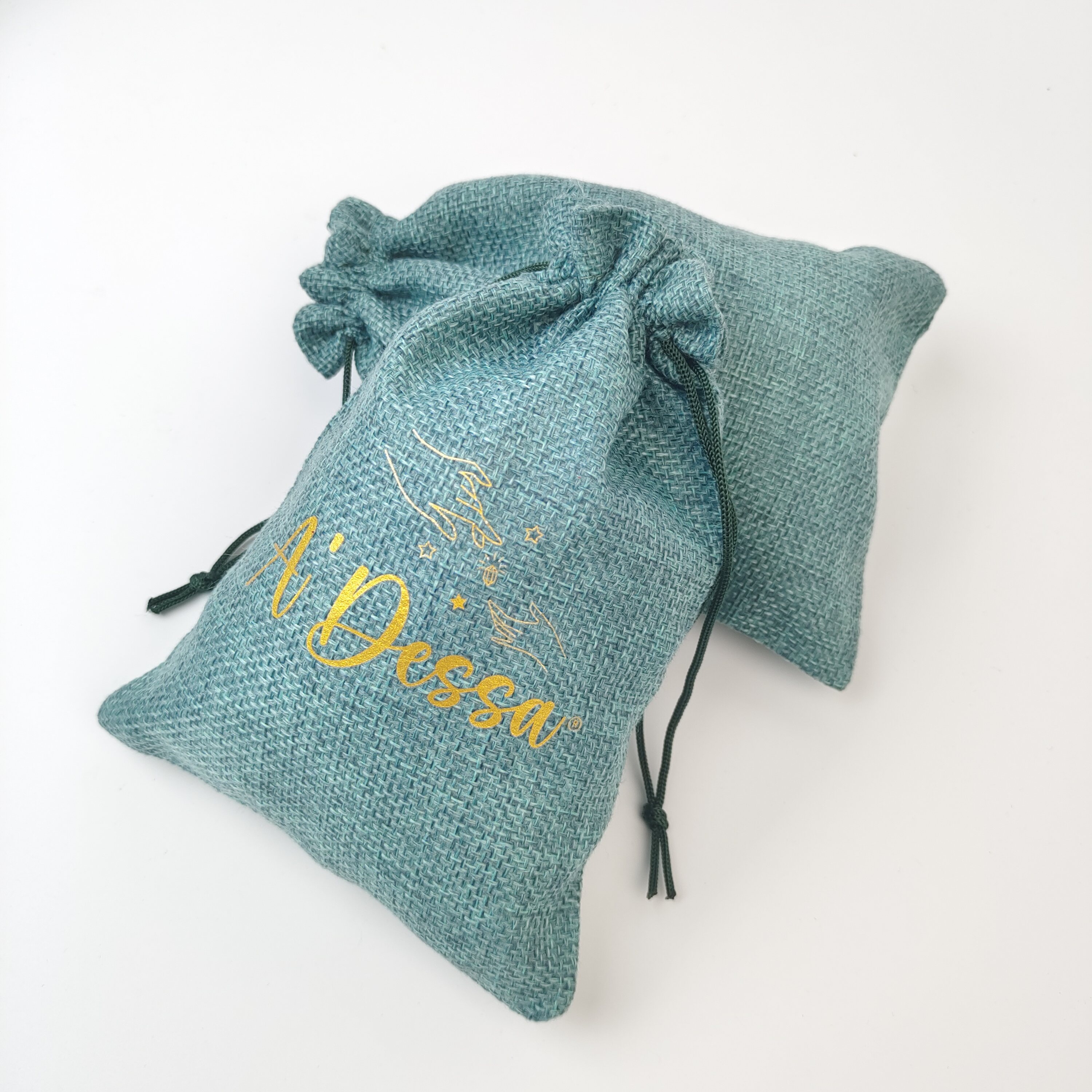 blue woven jute drawstring pouch with gold printed logo - view 6