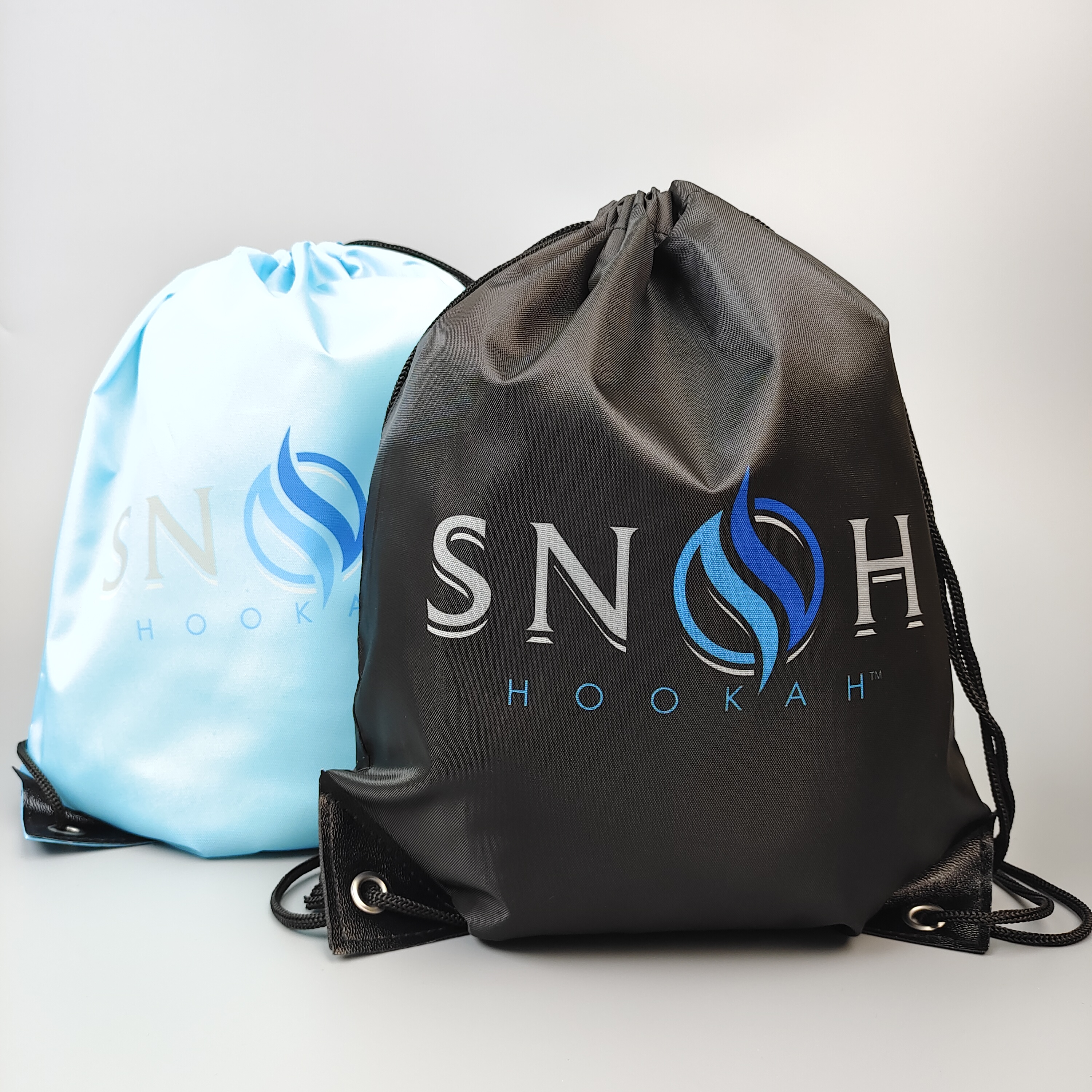 black polyester drawstring backpack with blue and white logo print