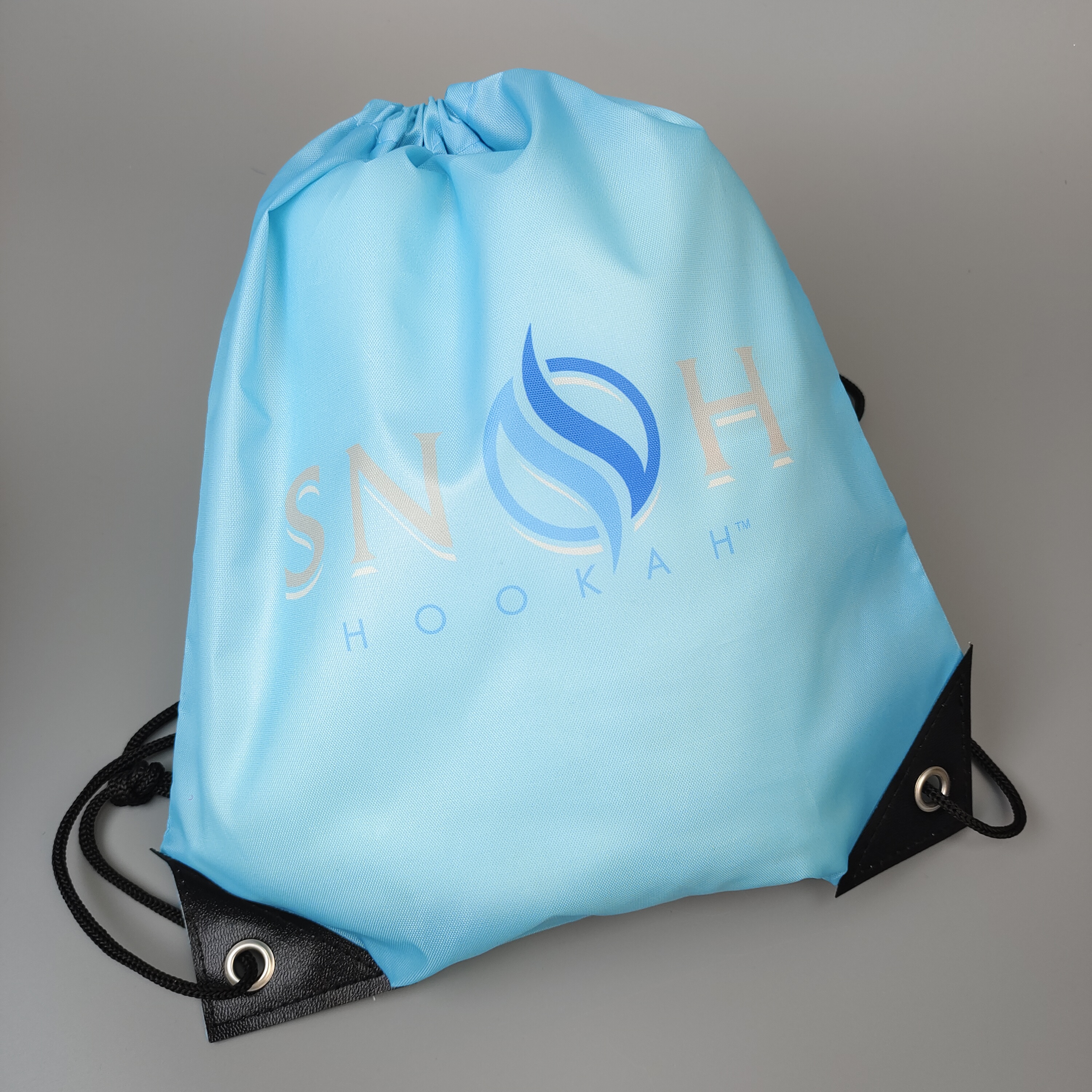 black polyester drawstring backpack with blue and white logo print - view 2