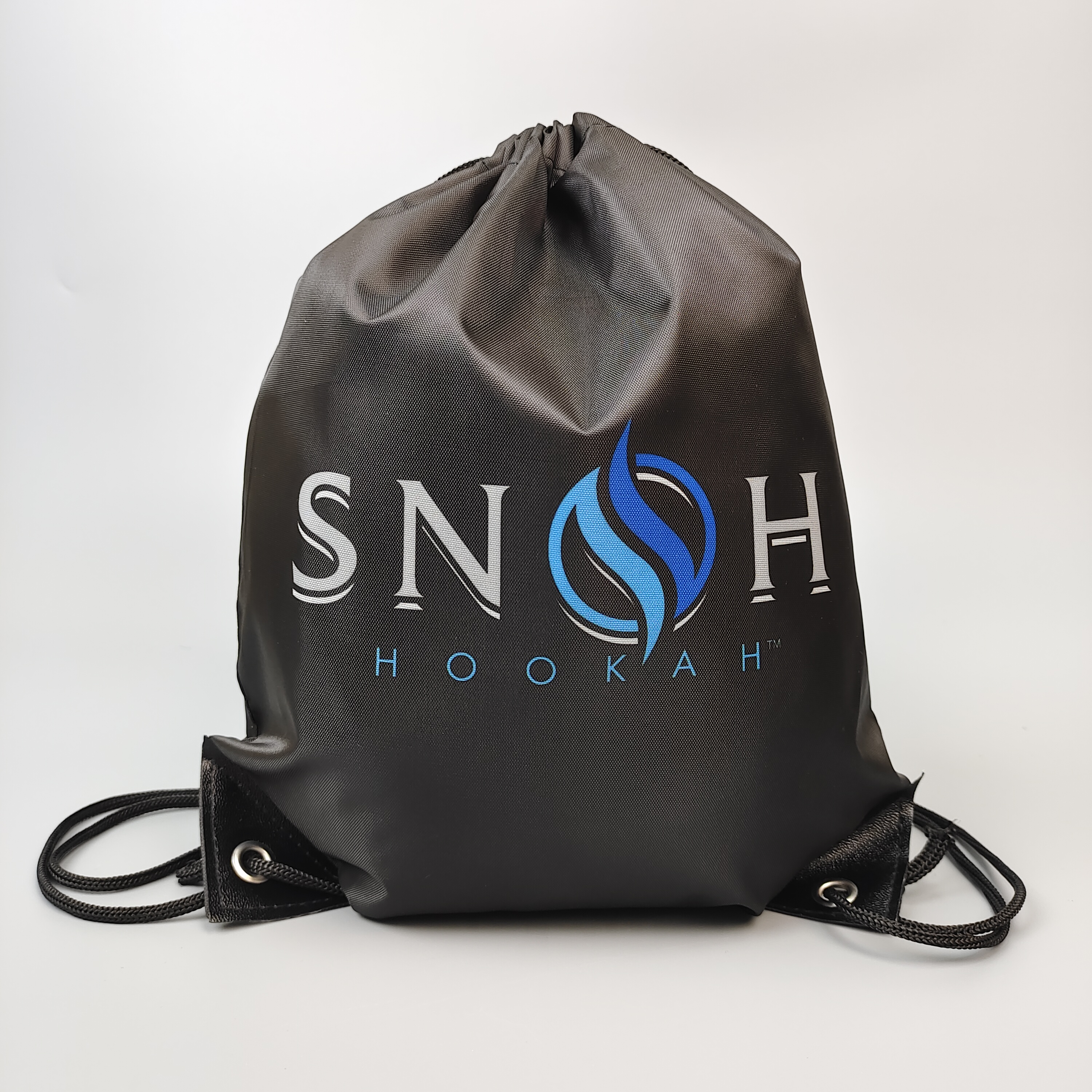 black polyester drawstring backpack with blue and white logo print - view 4