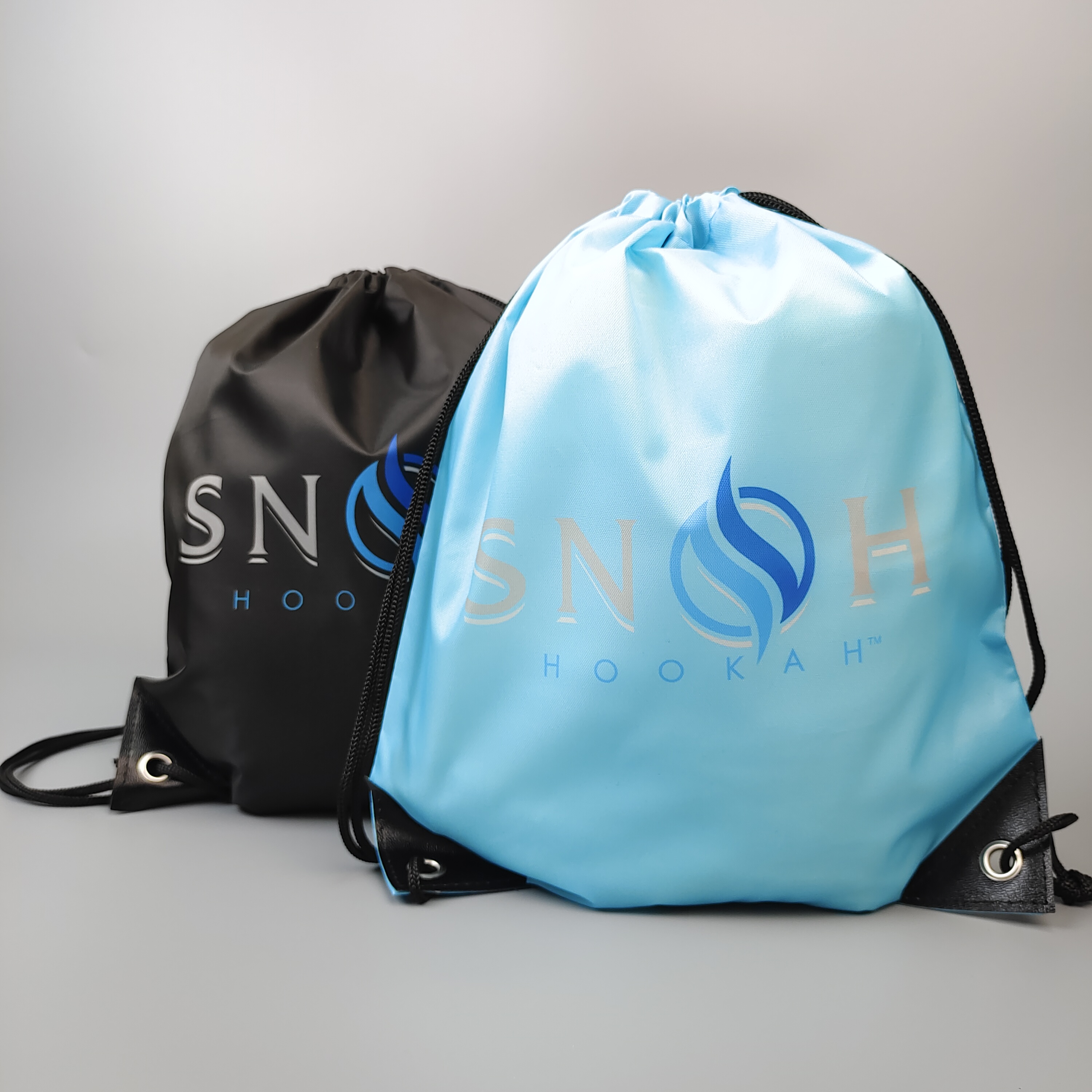 black polyester drawstring backpack with blue and white logo print - view 5