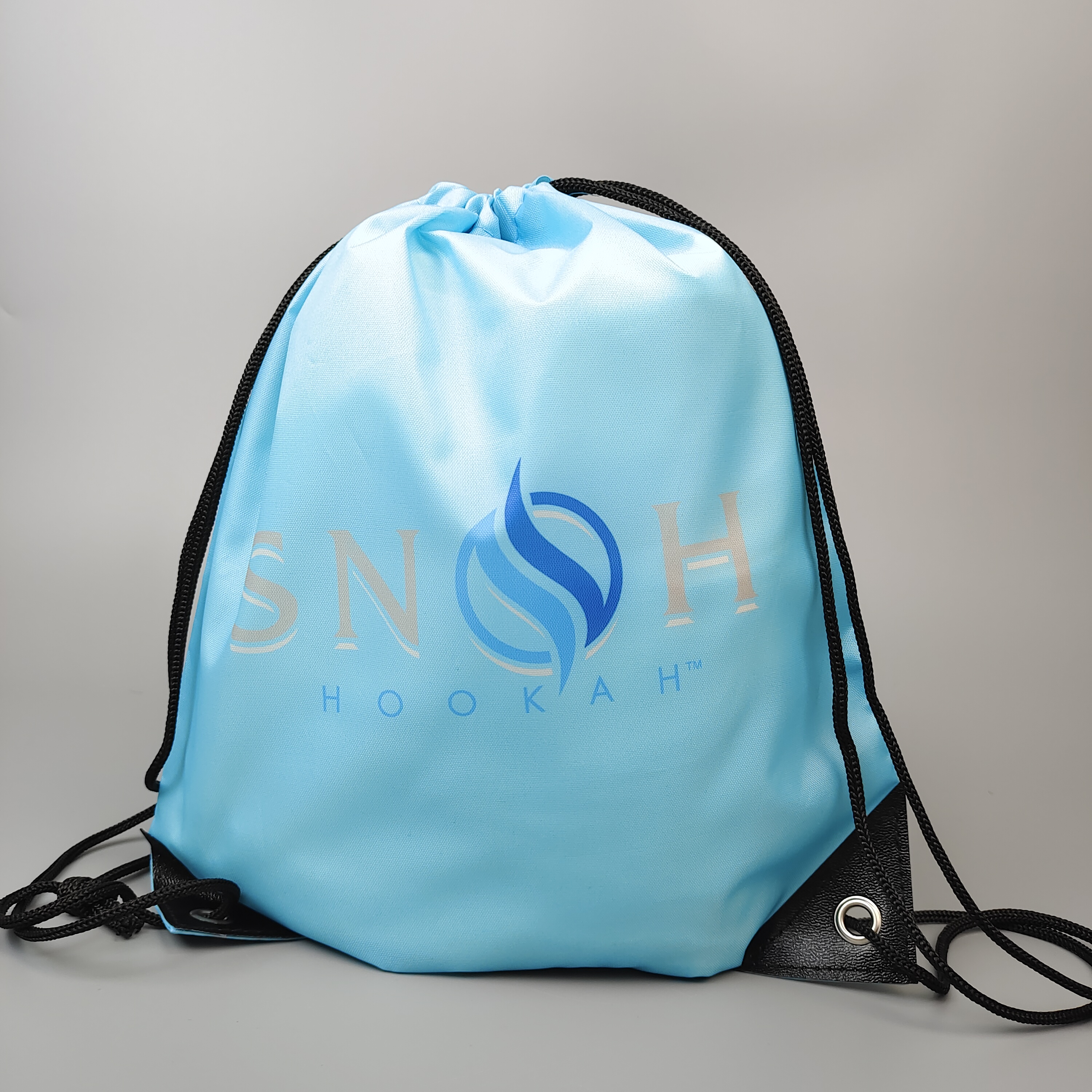 black polyester drawstring backpack with blue and white logo print - view 6
