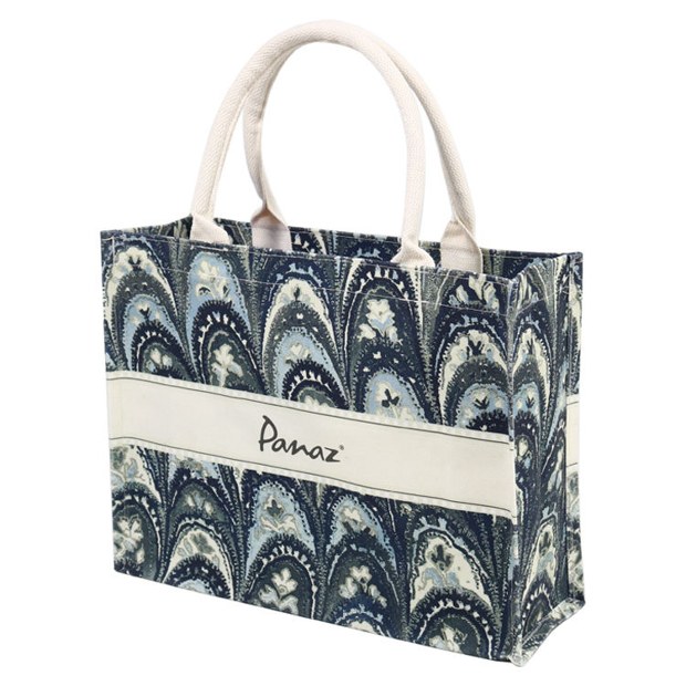 blue pattern canvas panel jute tote product example - view 1