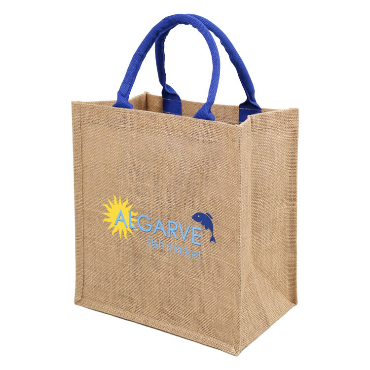 blue pattern canvas panel jute tote product example - view 3