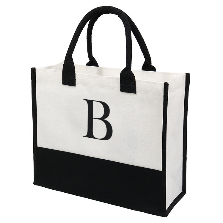 blue pattern canvas panel jute tote product example - view 6