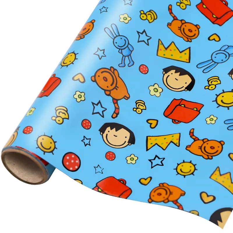blue wrapping paper with playful multicolor printed icons