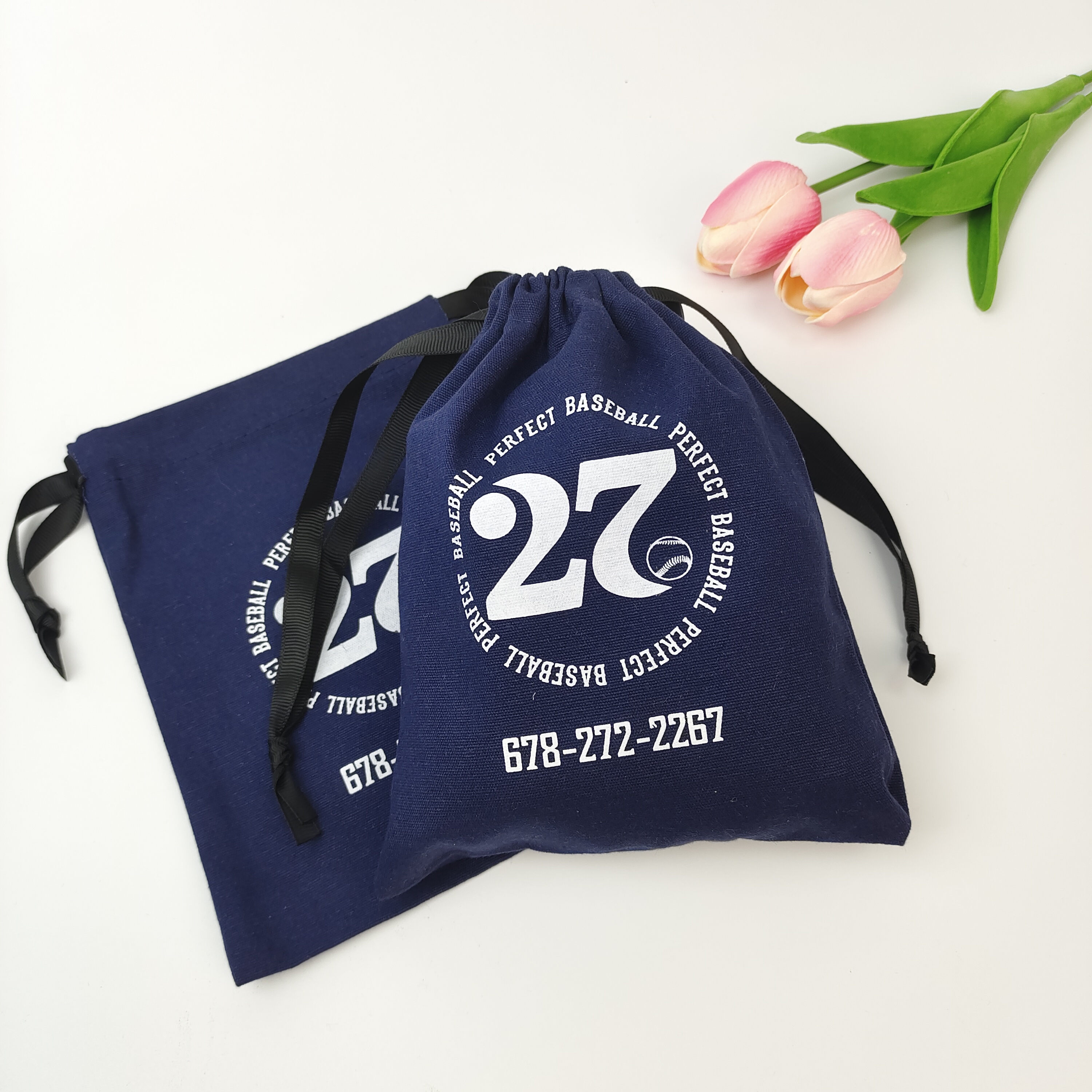 blue printed cotton drawstring bag with contrasting cords - view 1