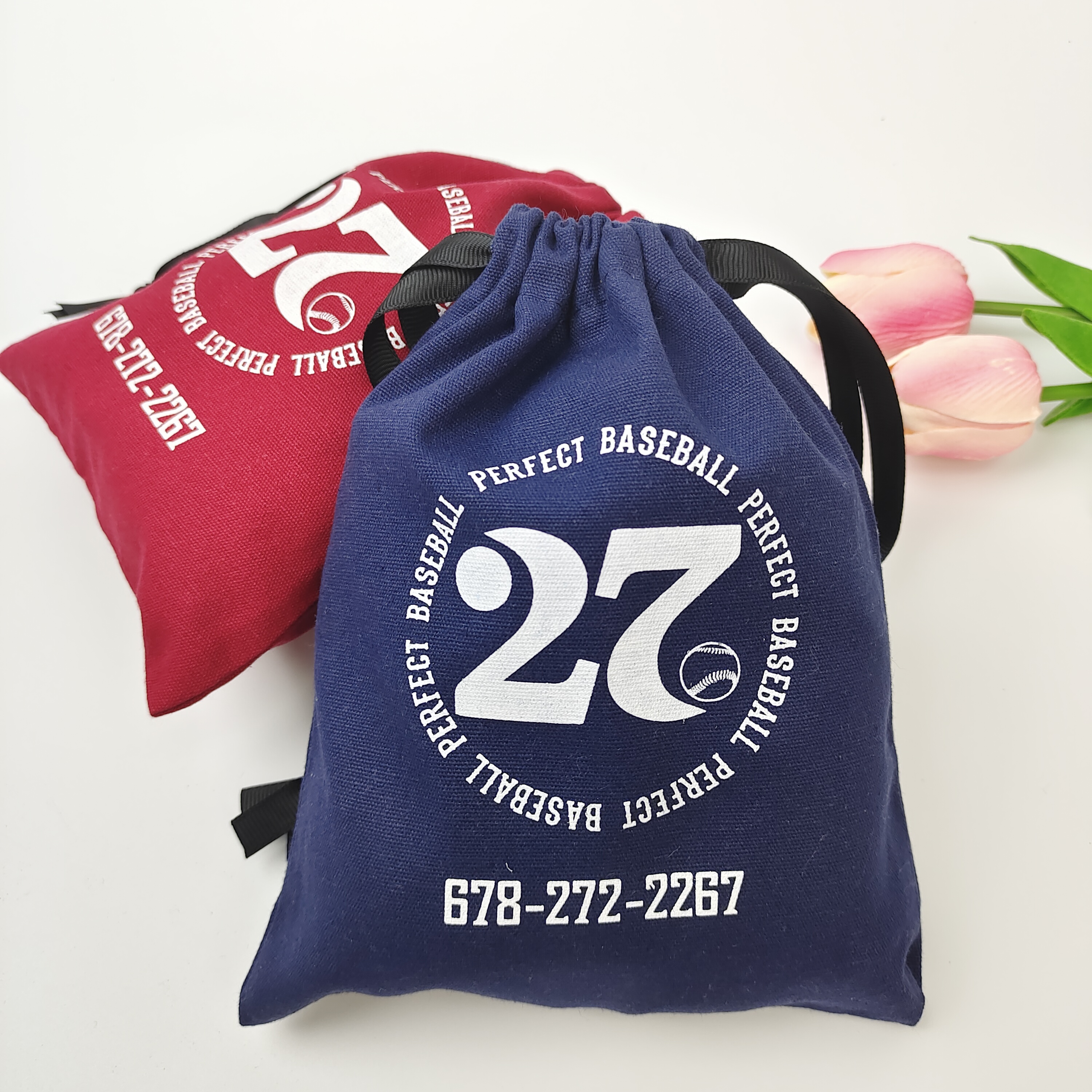 blue printed cotton drawstring bag with contrasting cords - view 4
